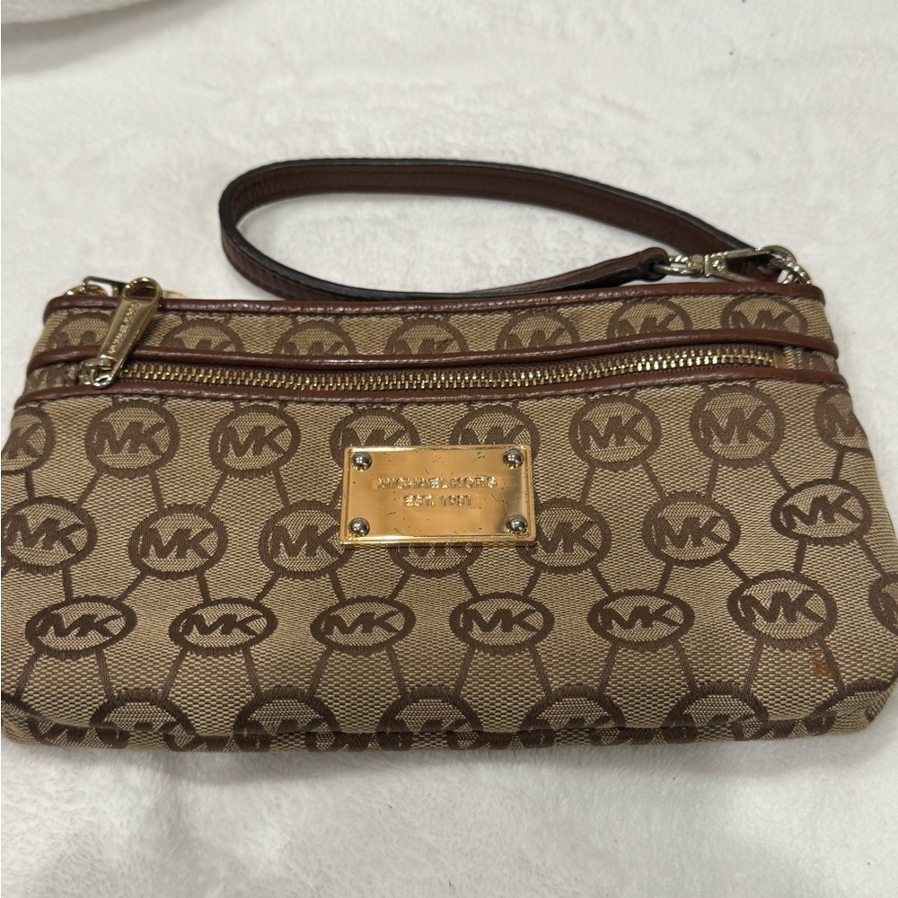 Michael Kors Tan and Brown Logo Wristlet